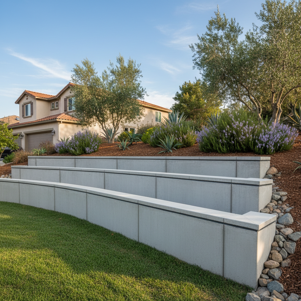 Completed concrete retaining walls work at a residential property in Stockton, CA