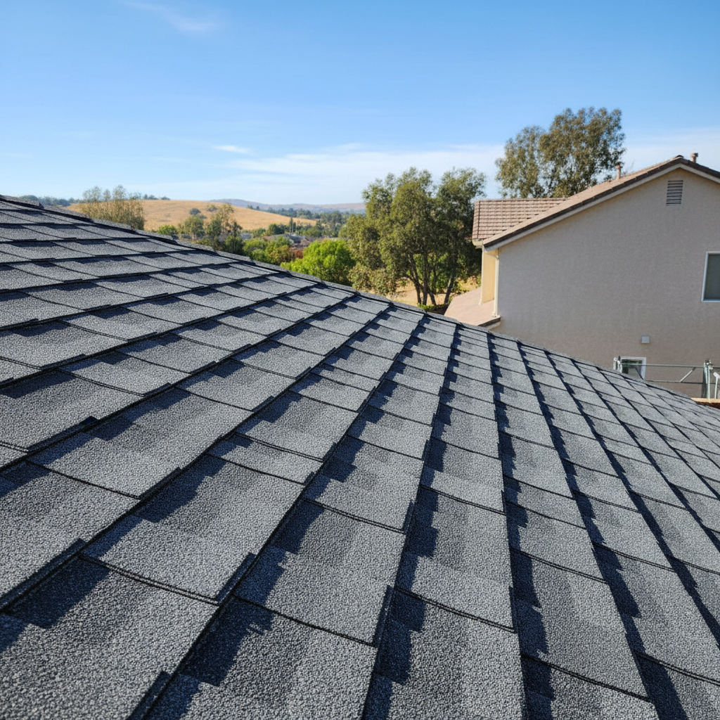 Completed asphalt shingle roofing work at a residential property in Elk Grove, CA