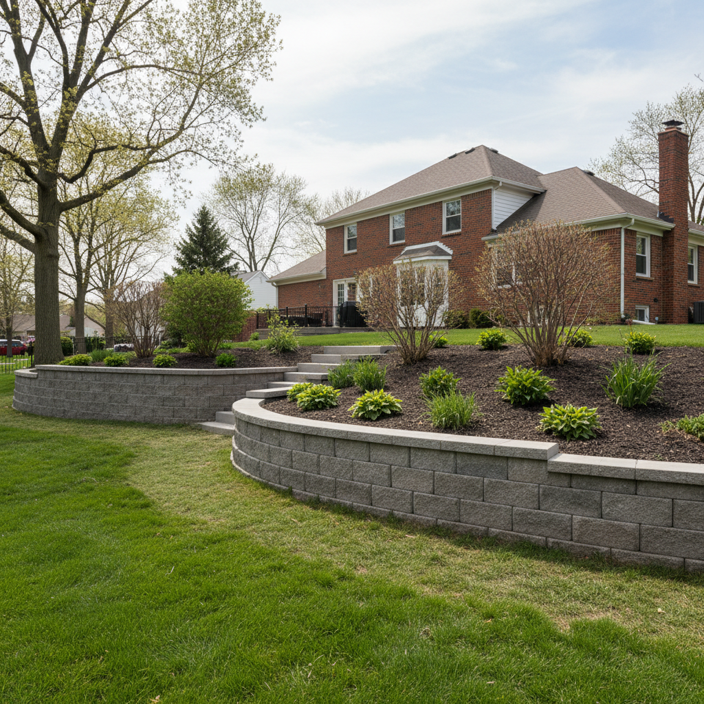 Completed concrete retaining walls work at a residential property in Arlington Heights, IL