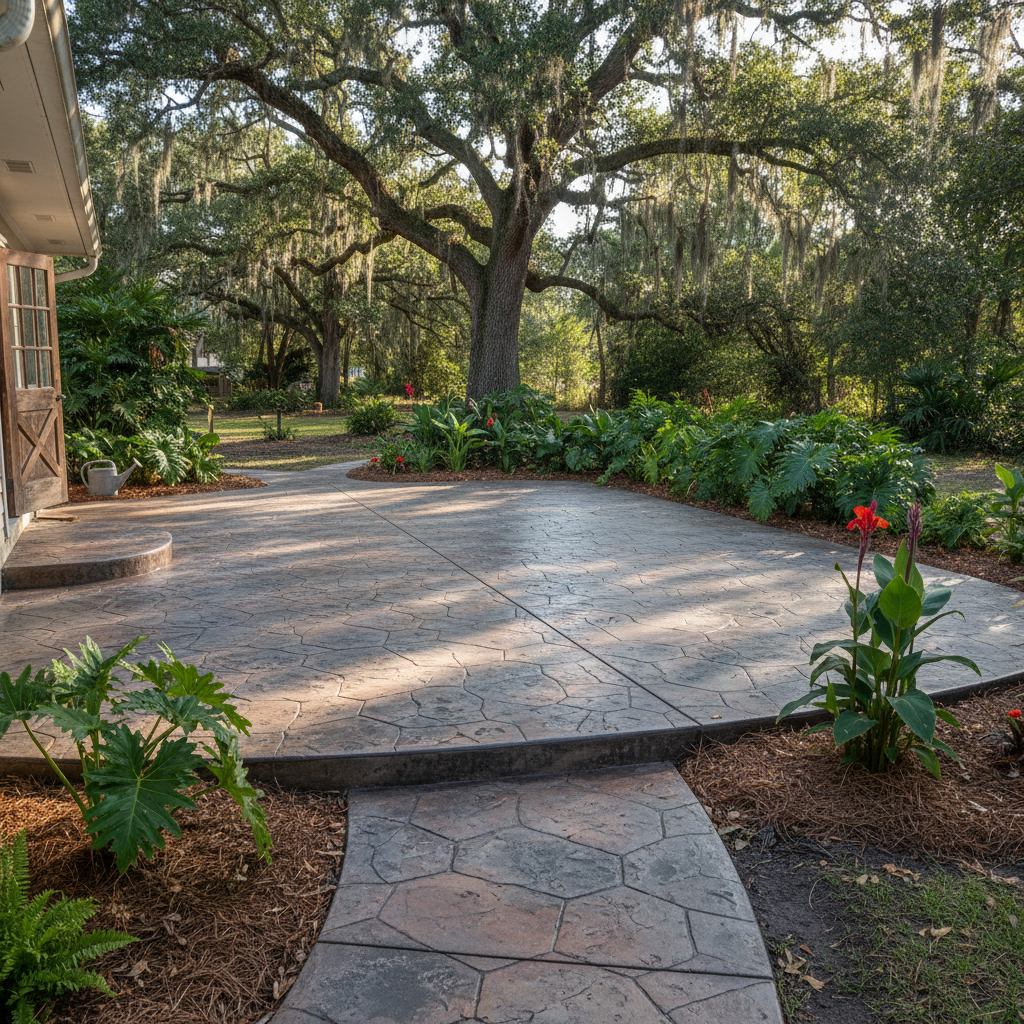 Completed stamped concrete work at a residential property in New Orleans, LA