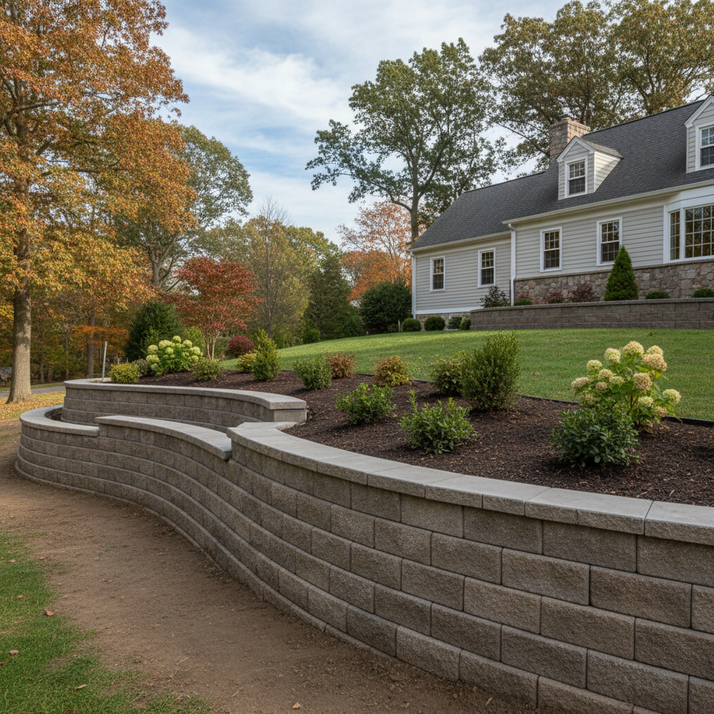 Completed concrete retaining walls work at a residential property in Wellesley, MA
