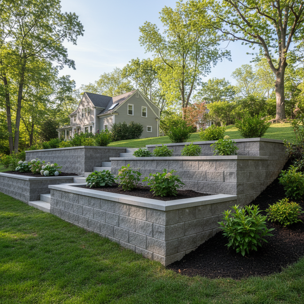 Completed concrete retaining walls work at a residential property in Wellesley, MA