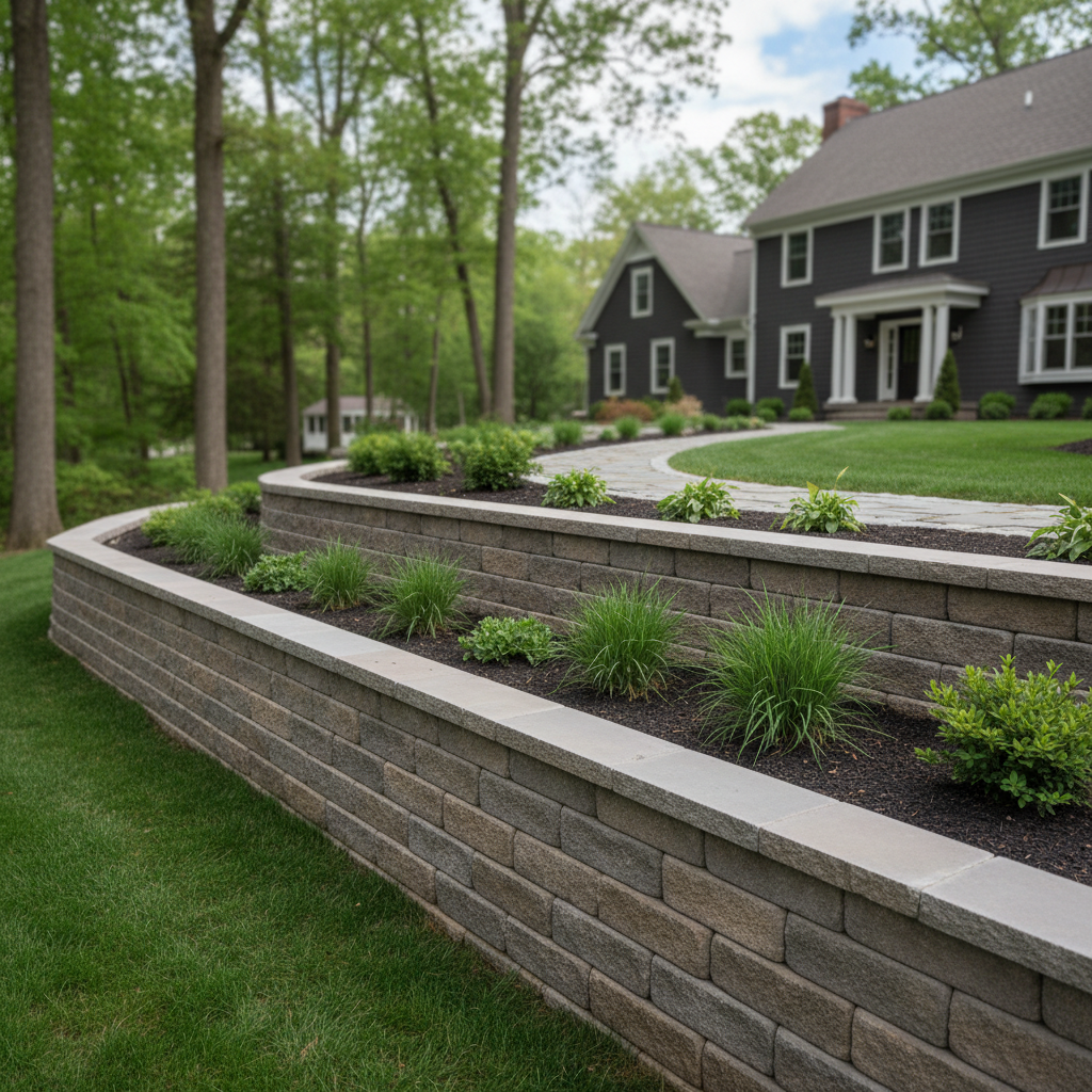 Completed concrete retaining walls work at a residential property in Weston, MA