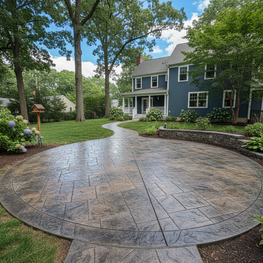 Completed stamped concrete work at a residential property in Brookline, MA
