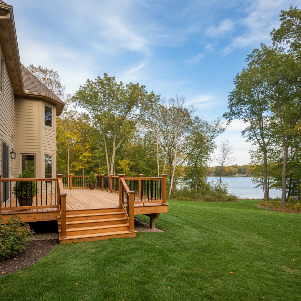 Completed wooden decks work at a residential property in North Oaks, MN