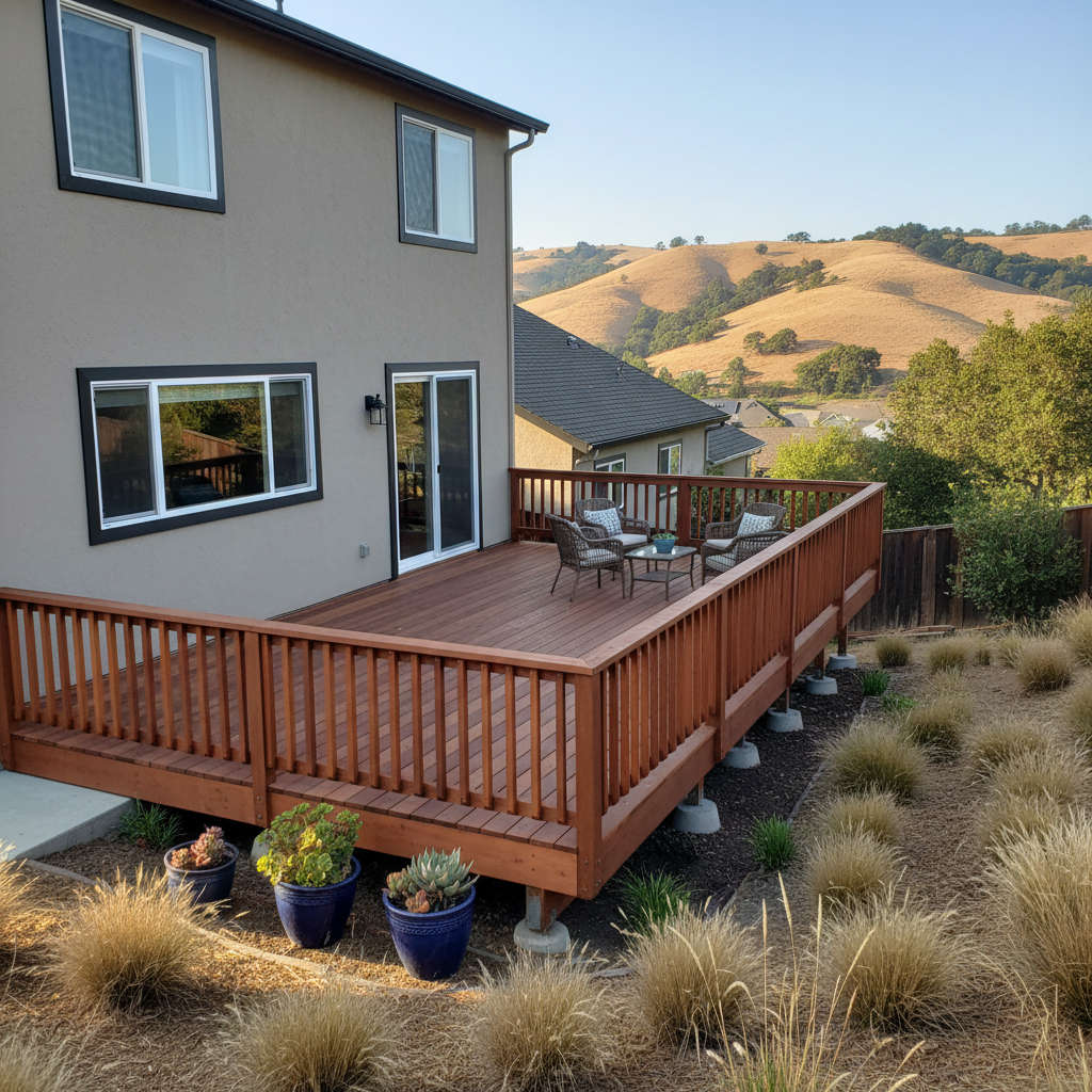 Completed wooden decks work at a residential property in San Leandro, CA
