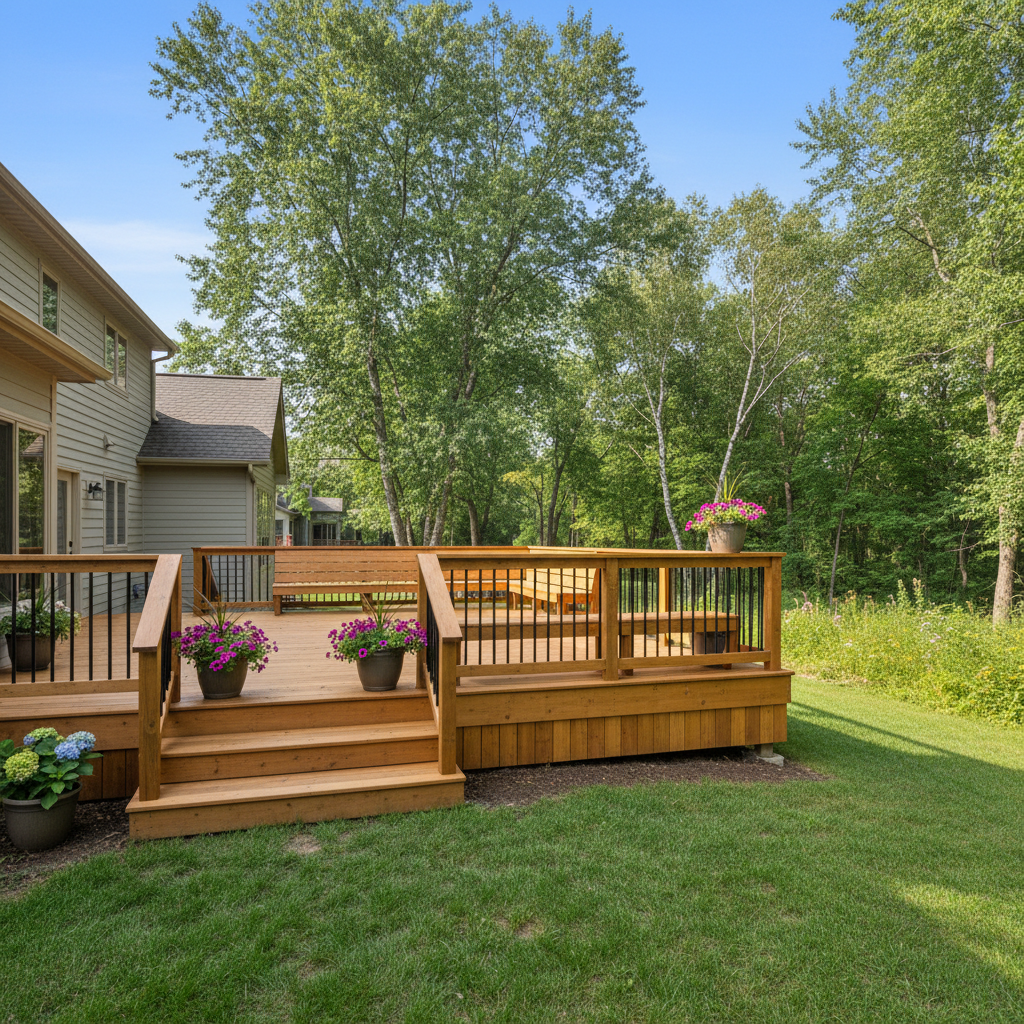 Completed wooden decks work at a residential property in Bloomington, MN
