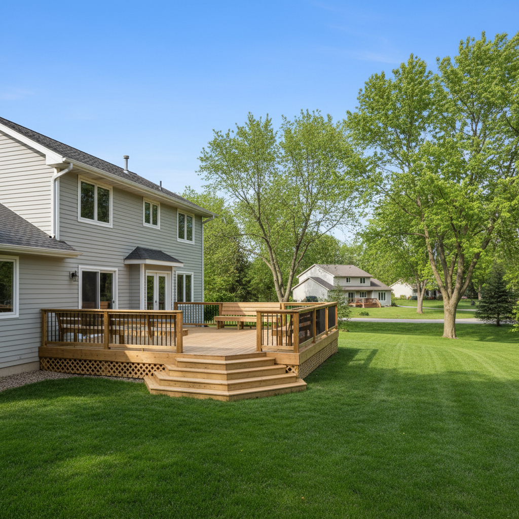 Completed wooden decks work at a residential property in Burnsville, MN