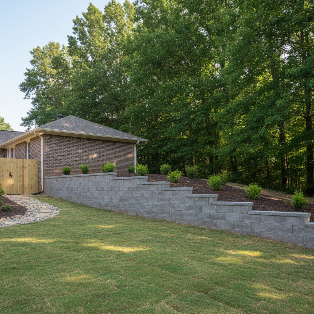 Completed concrete retaining walls work at a residential property in Olive Branch, MS