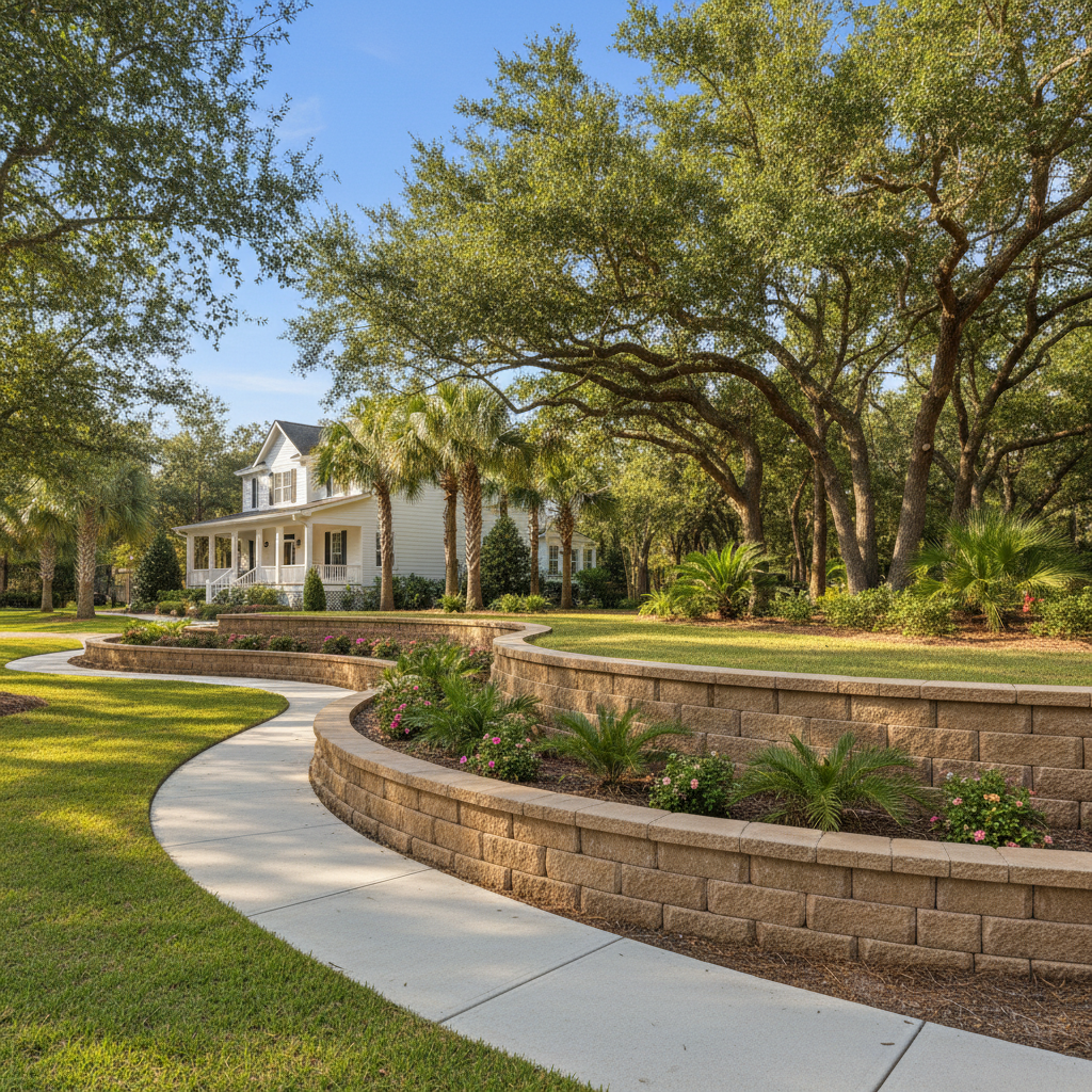 Completed concrete retaining walls work at a residential property in Gulfport, MS
