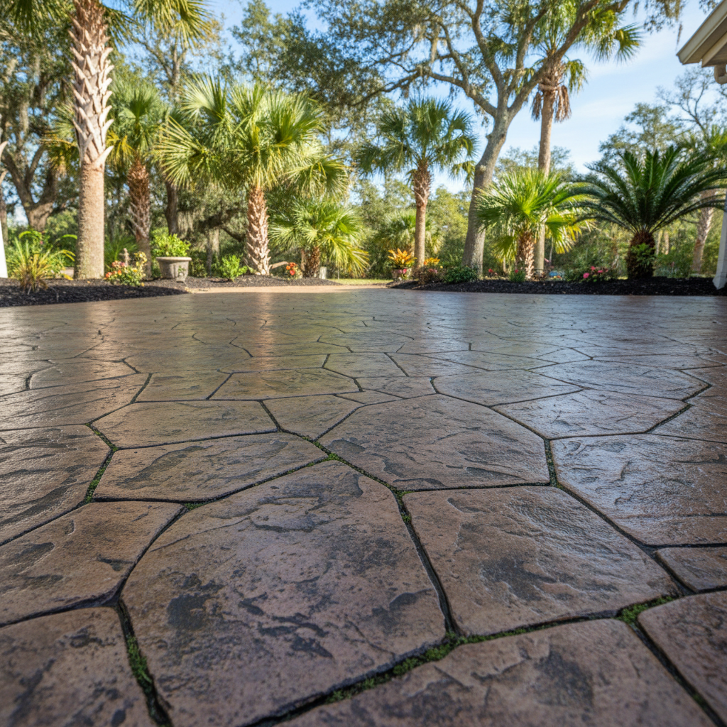 Completed stamped concrete work at a residential property in Gulfport, MS