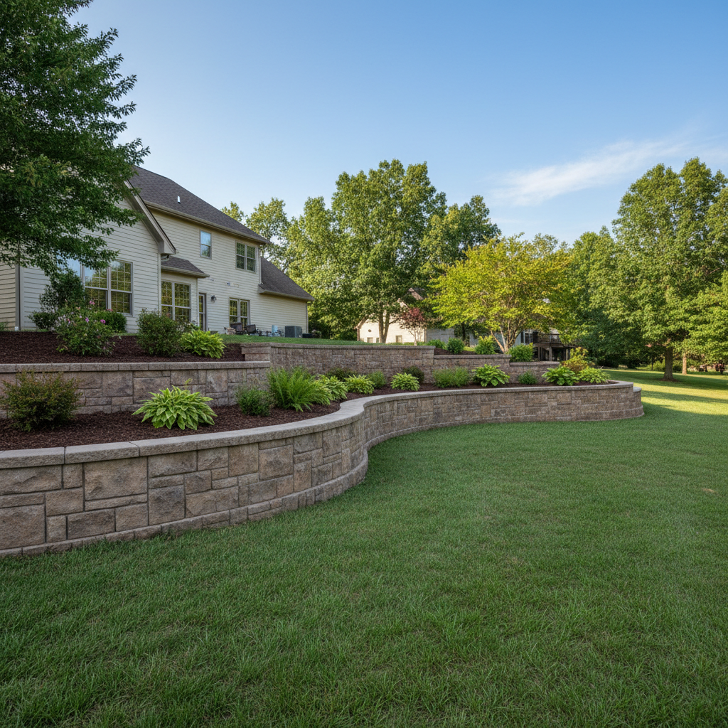 Completed concrete retaining walls work at a residential property in Spokane, MO