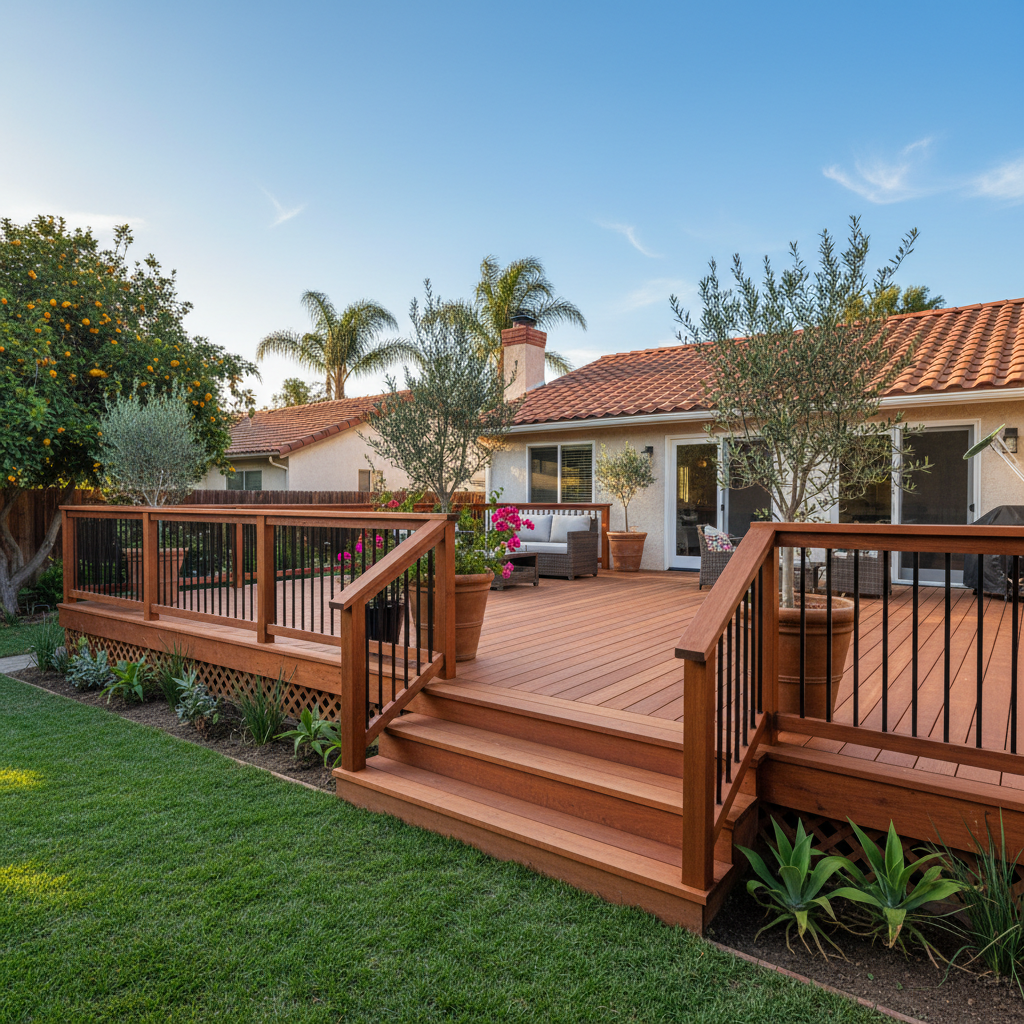 Completed wooden decks work at a residential property in Garden Grove, CA