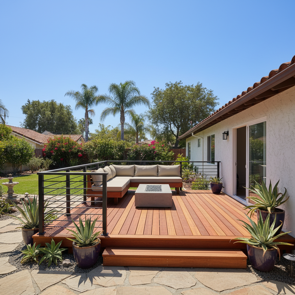 Completed deck construction work at a residential property in Garden Grove, CA