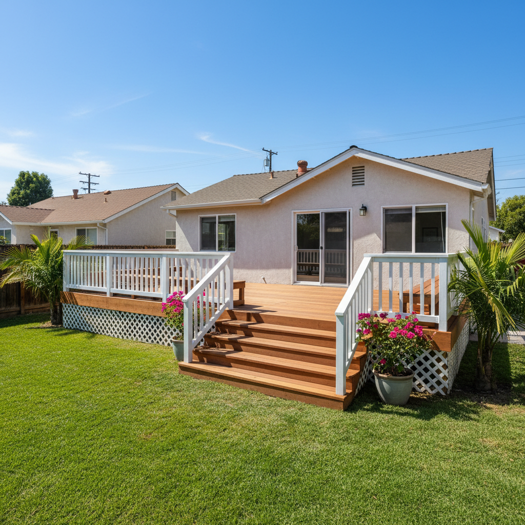 Completed deck construction work at a residential property in Garden Grove, CA