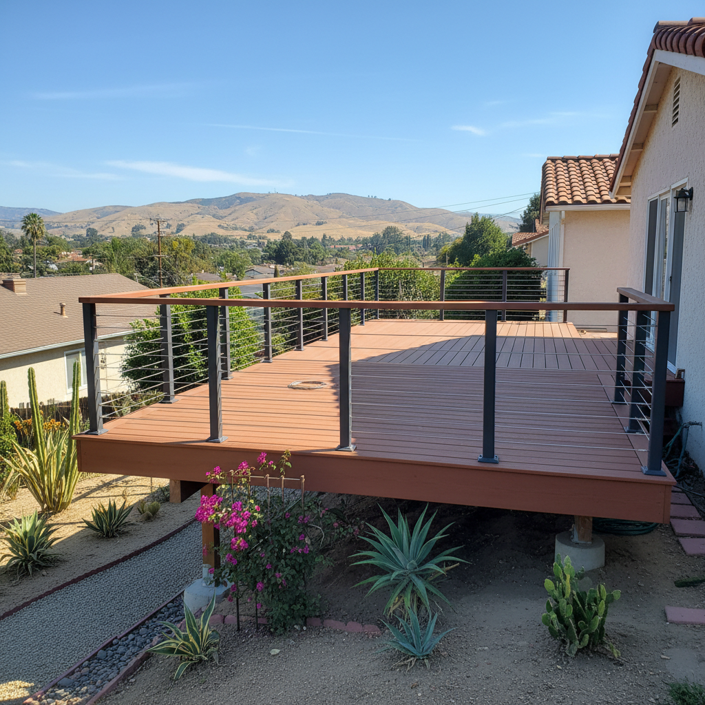 Completed deck railing installation work at a residential property in Pomona, CA