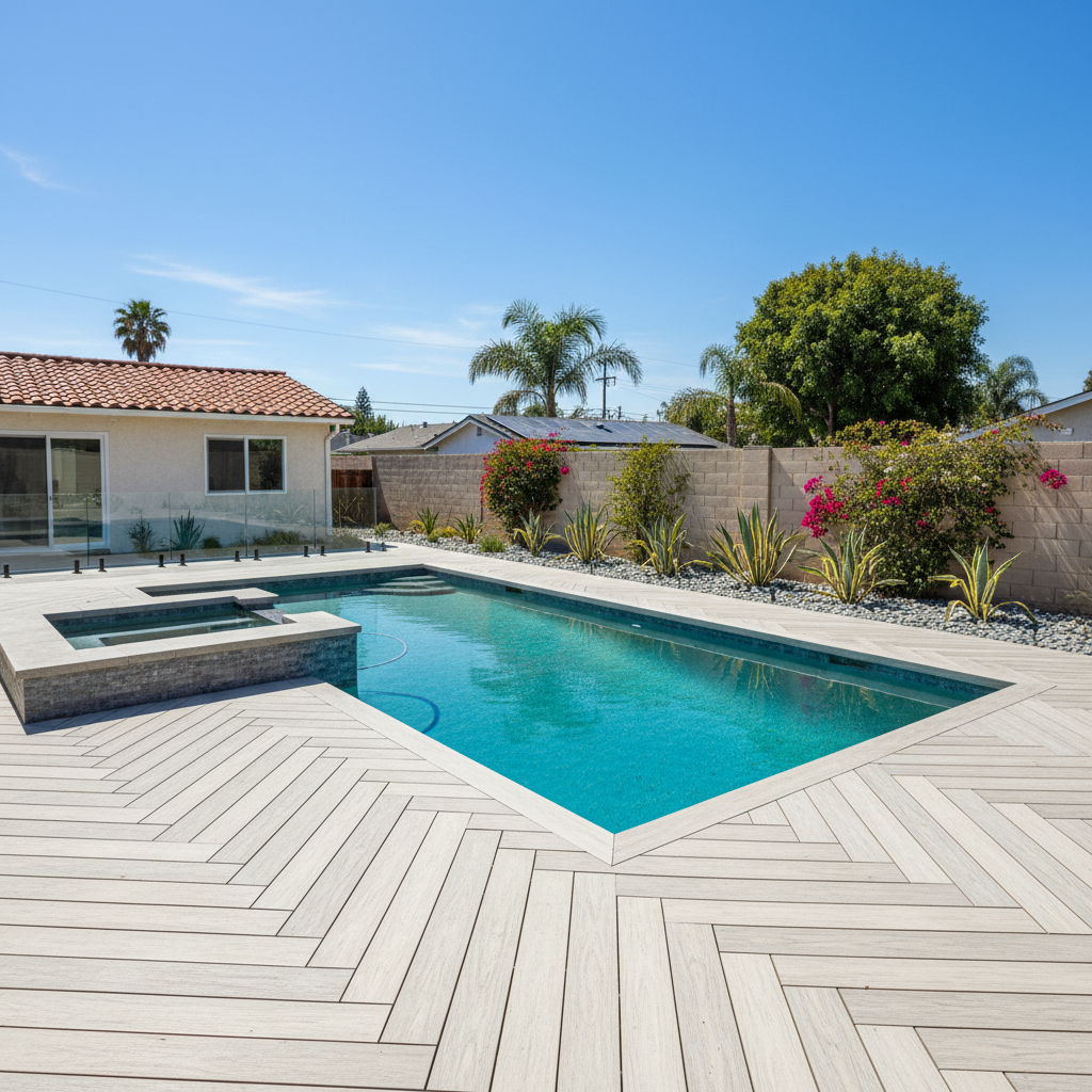 Completed pool decks work at a residential property in Long Beach, CA