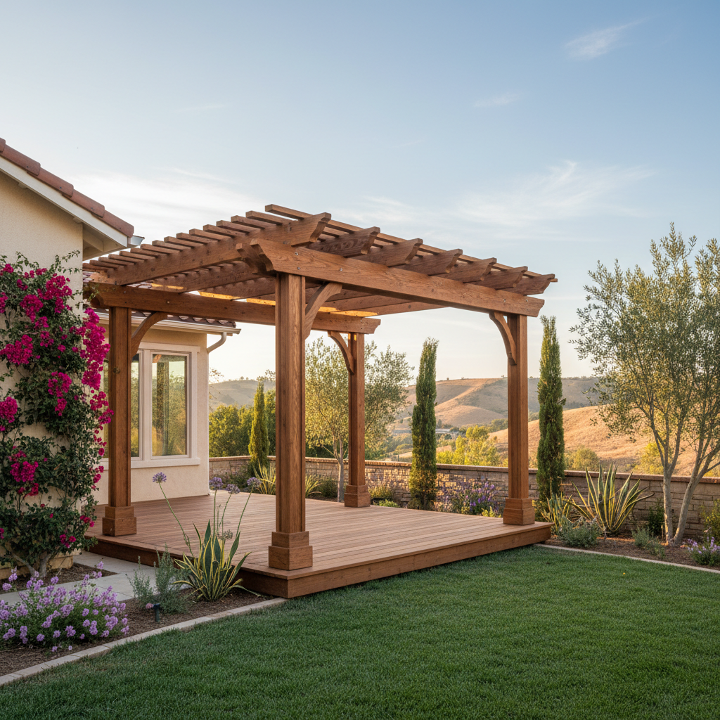 Completed pergola construction work at a residential property in Pomona, CA