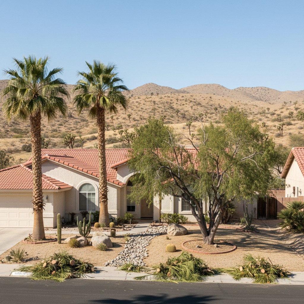 Completed tree pruning work at a residential property in Desert Hot Springs, CA