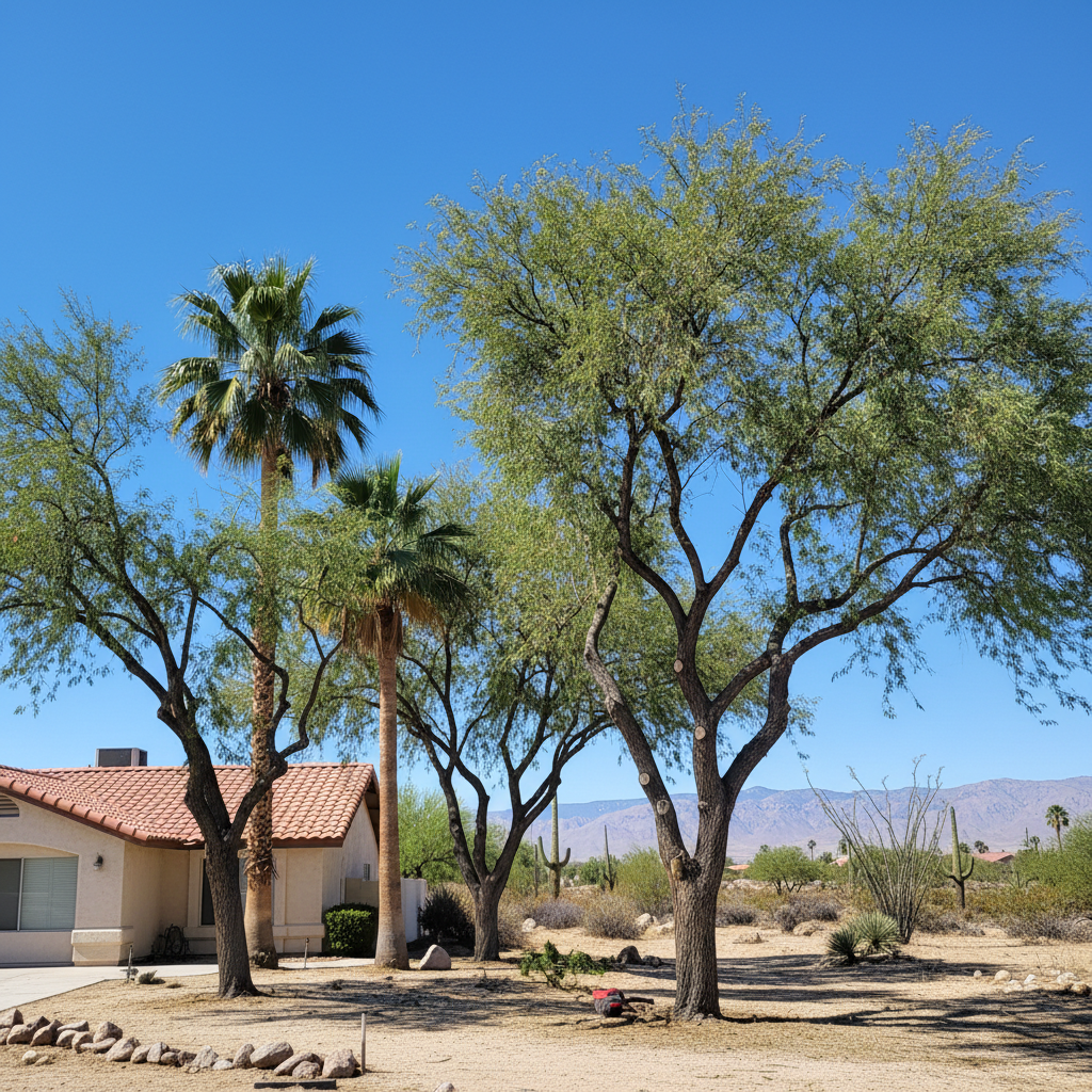 Completed tree pruning work at a residential property in Desert Hot Springs, CA
