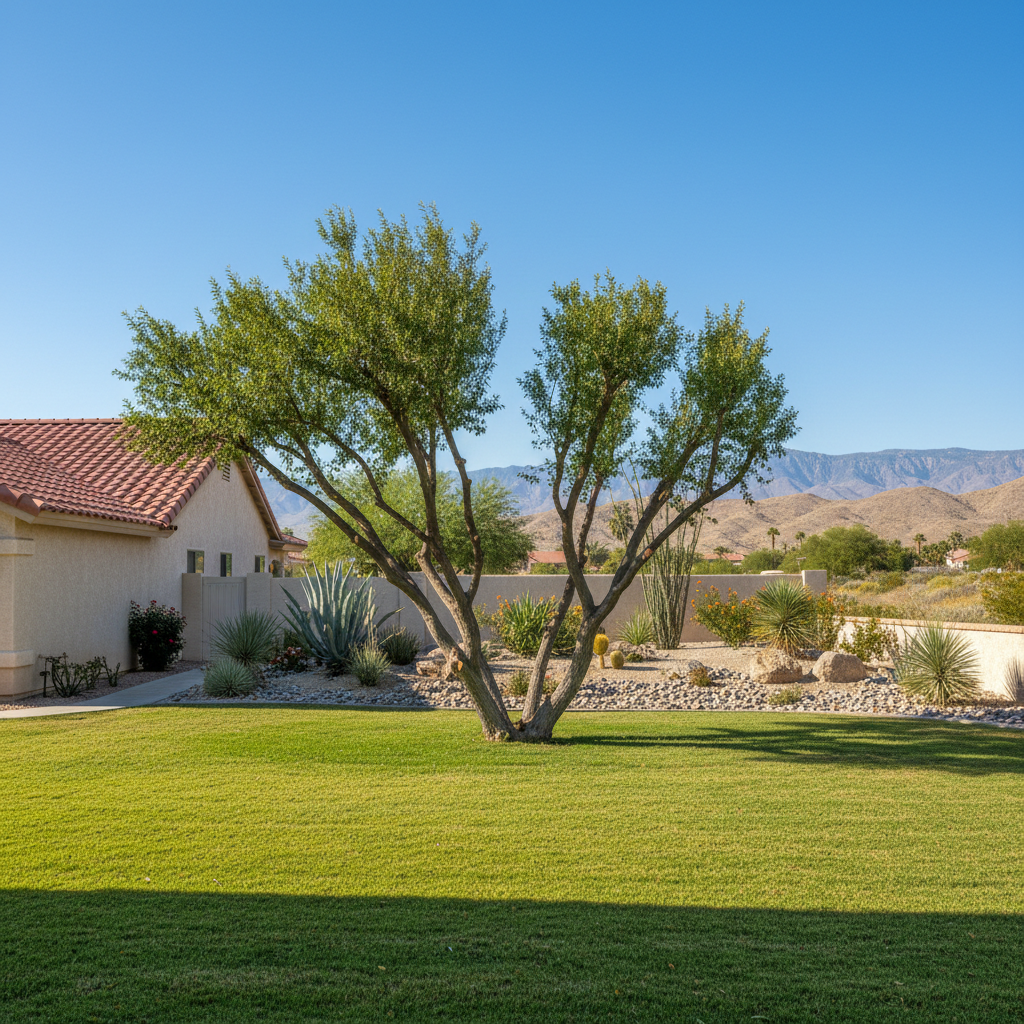 Completed tree trimming work at a residential property in Desert Hot Springs, CA