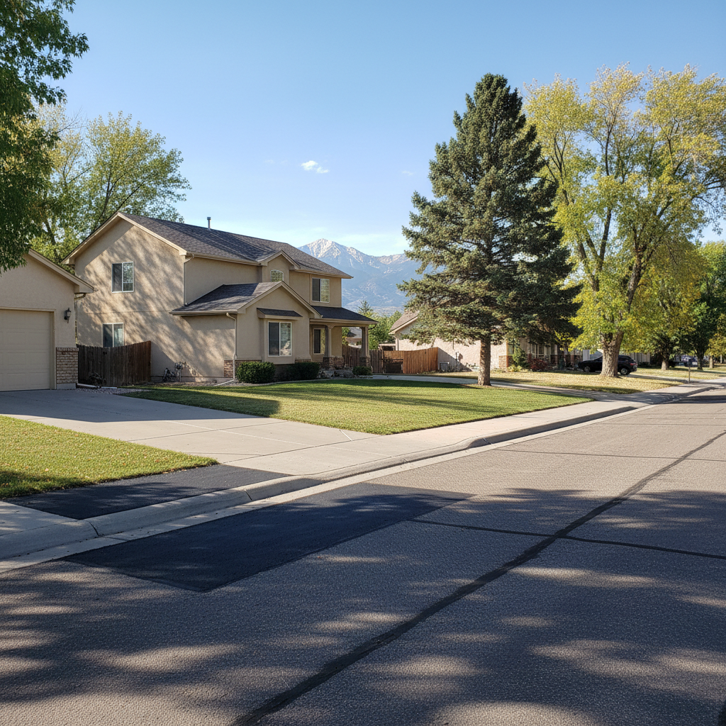 Completed asphalt patching work at a residential property in Brighton, CO