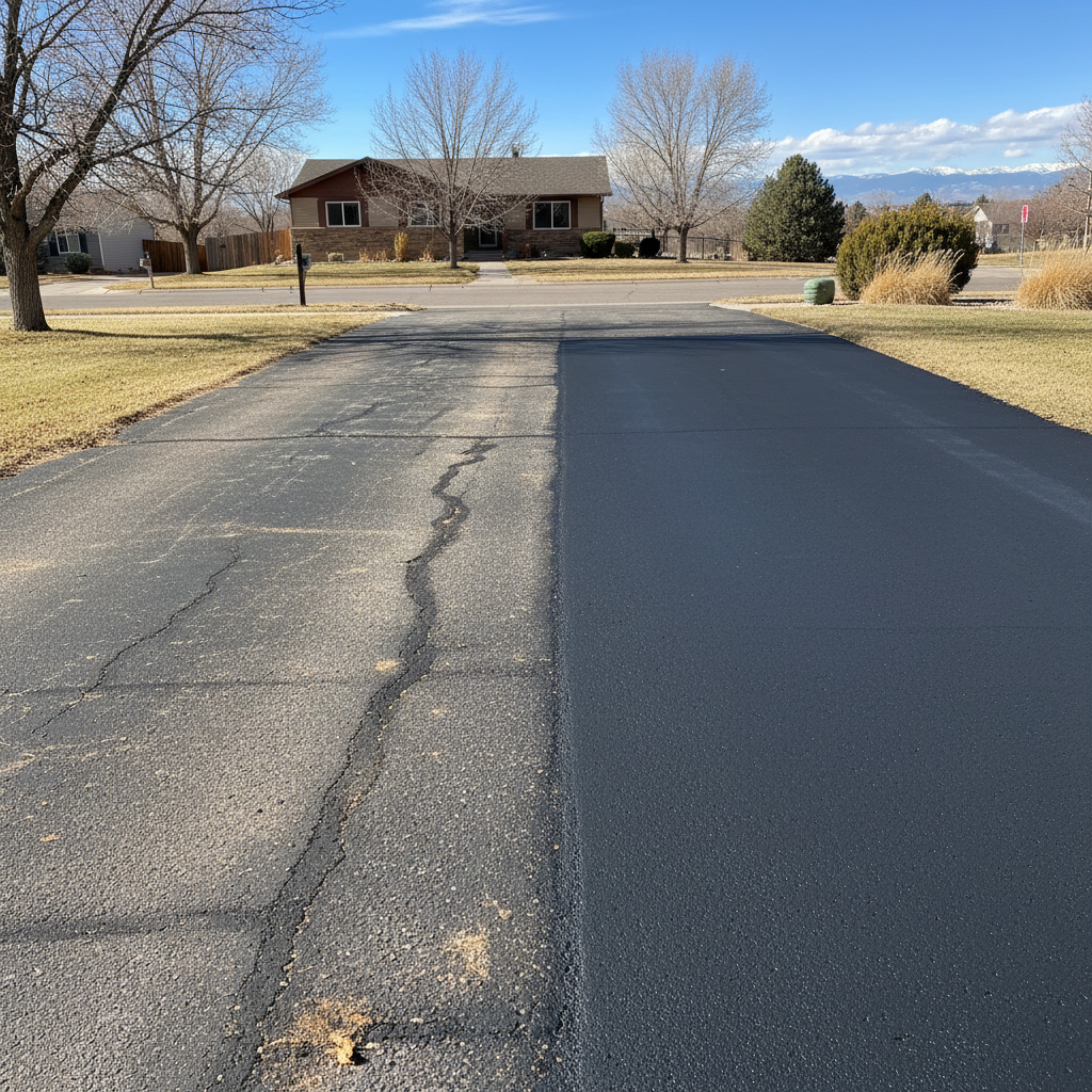 Completed asphalt sealcoating work at a residential property in Denver, CO