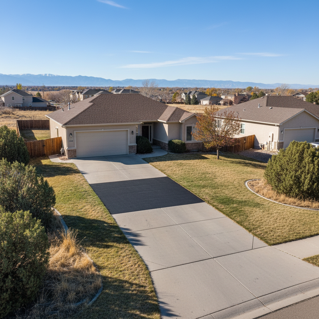 Completed asphalt repair work at a residential property in Brighton, CO