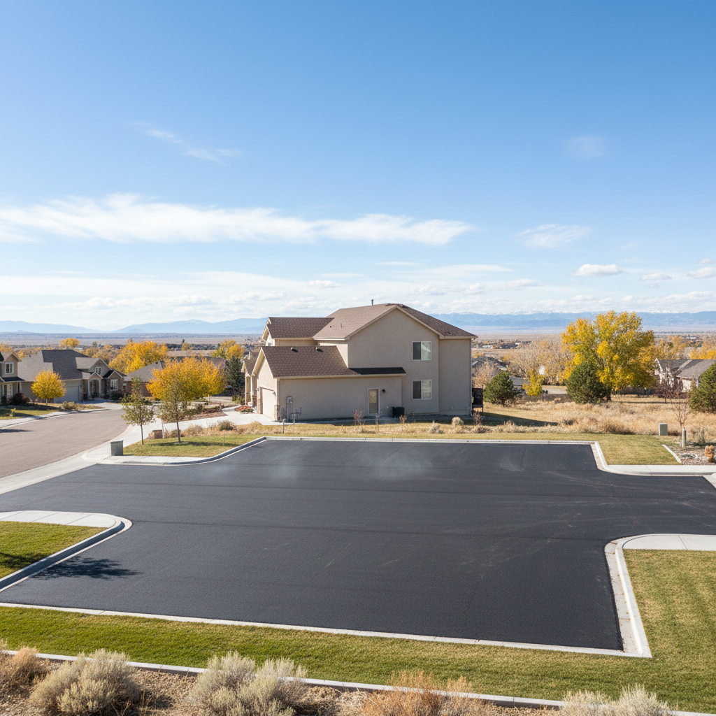 Completed parking lot paving work at a residential property in Brighton, CO
