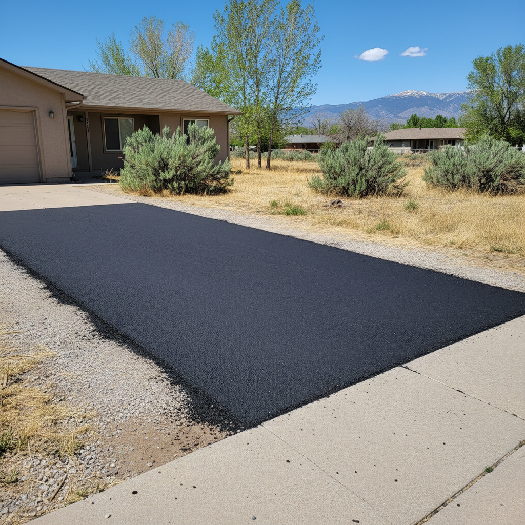 Completed asphalt patching work at a residential property in Brighton, CO