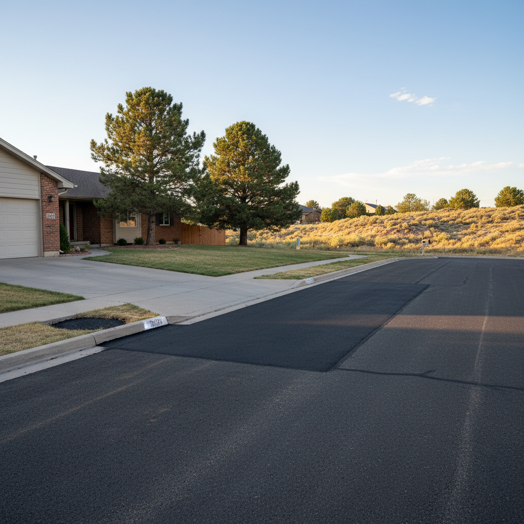 Completed asphalt patching work at a residential property in Aurora, CO