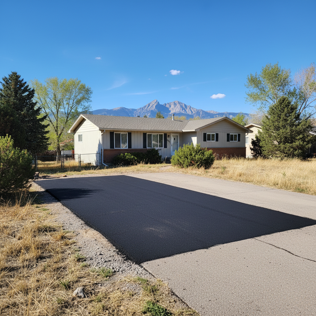 Completed asphalt patching work at a residential property in Longmont, CO