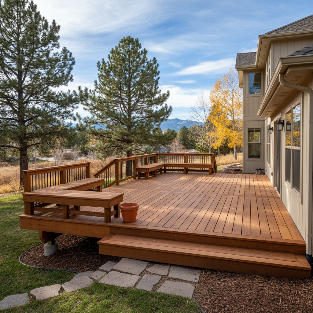 Completed wooden decks work at a residential property in Denver, CO