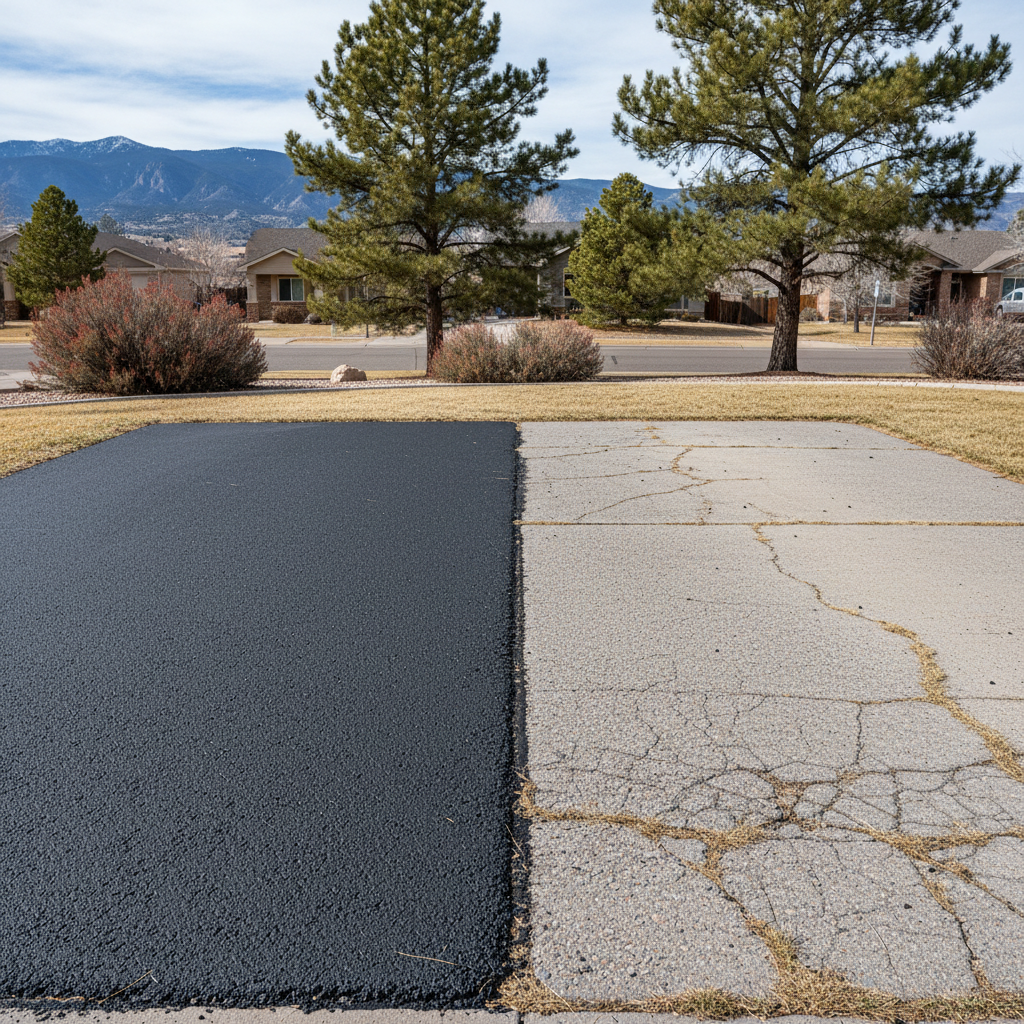 Completed asphalt repair work at a residential property in Colorado Springs, CO