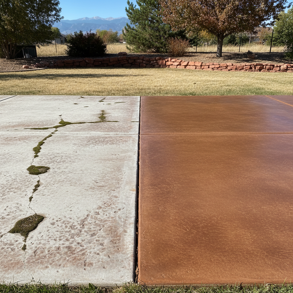 Completed concrete staining work at a residential property in Aurora, CO