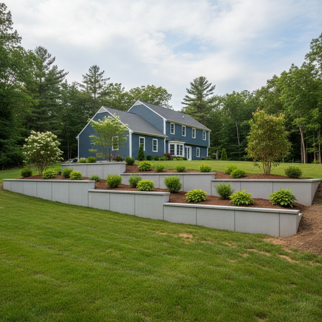 Completed concrete retaining walls work at a residential property in Manchester, CT