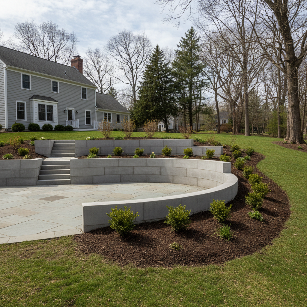 Completed concrete retaining walls work at a residential property in Hartford, CT
