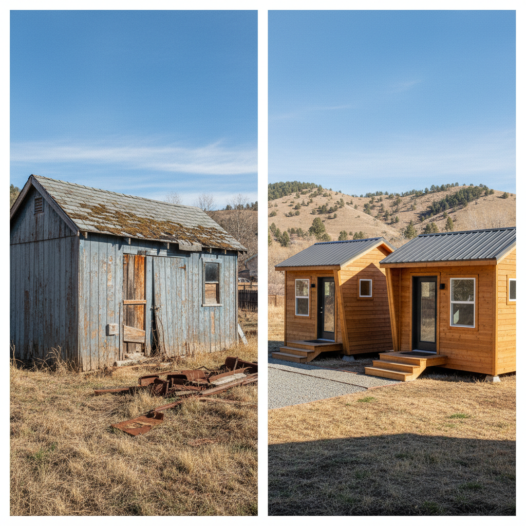 Completed tiny homes work at a residential property in Loveland, CO