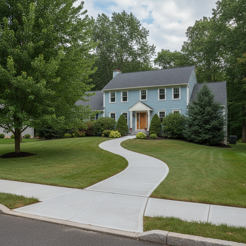 Completed concrete sidewalks work at a residential property in Manchester, CT