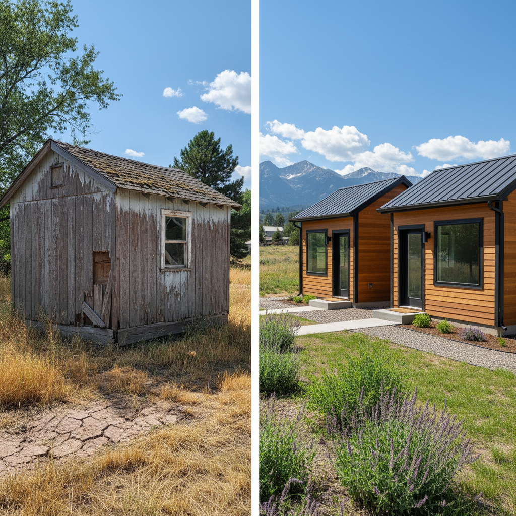 Completed tiny homes work at a residential property in Loveland, CO