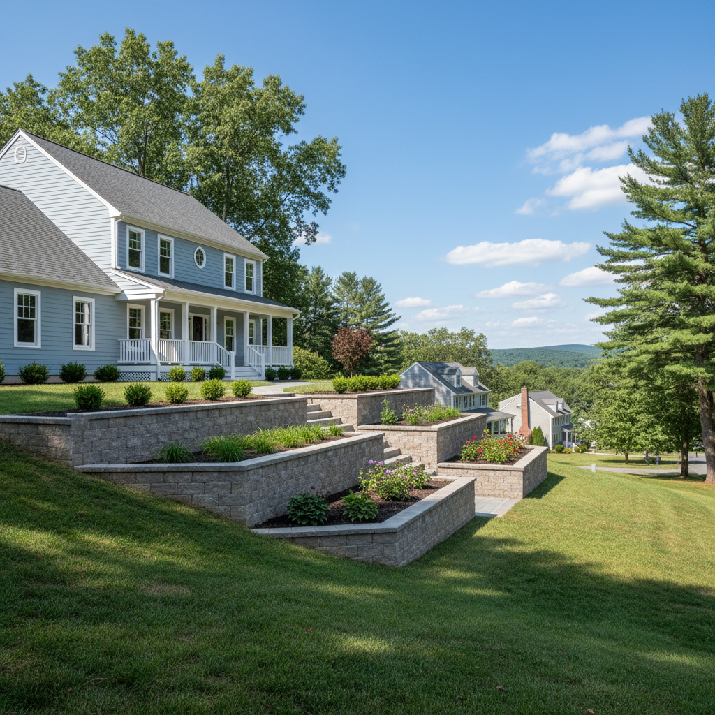 Completed concrete retaining walls work at a residential property in Manchester, CT