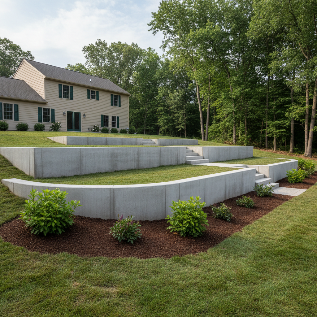 Completed concrete retaining walls work at a residential property in East Haven, CT