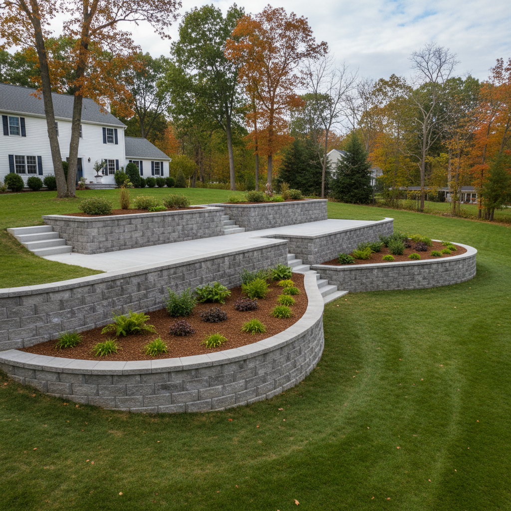 Completed concrete retaining walls work at a residential property in East Haven, CT