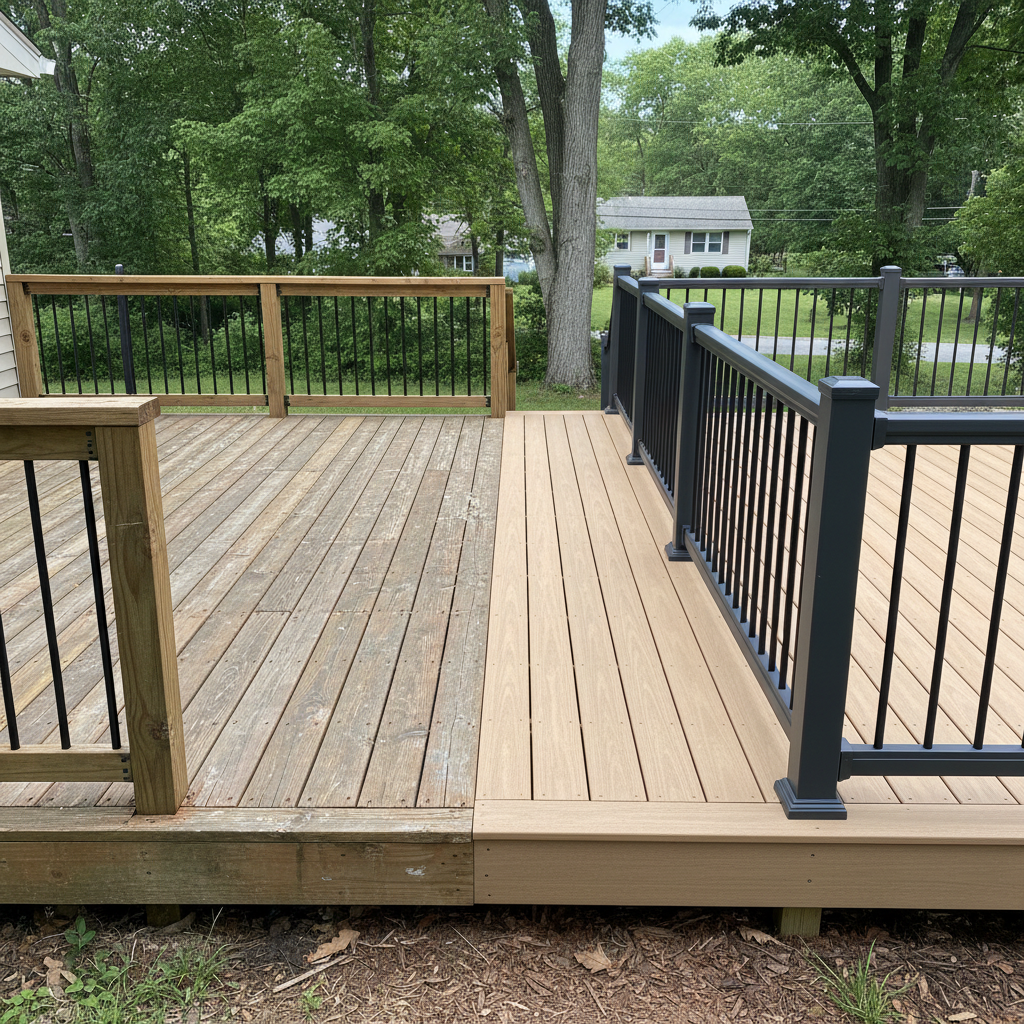 Completed deck railing installation work at a residential property in Milford, CT