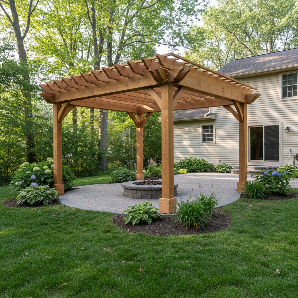 Completed pergola construction work at a residential property in Manchester, CT