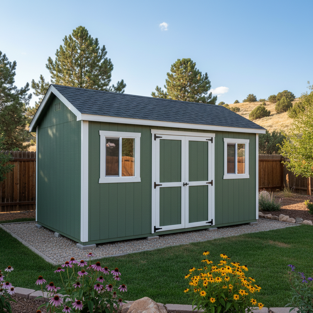 Completed shed delivery and installation work at a residential property in Loveland, CO