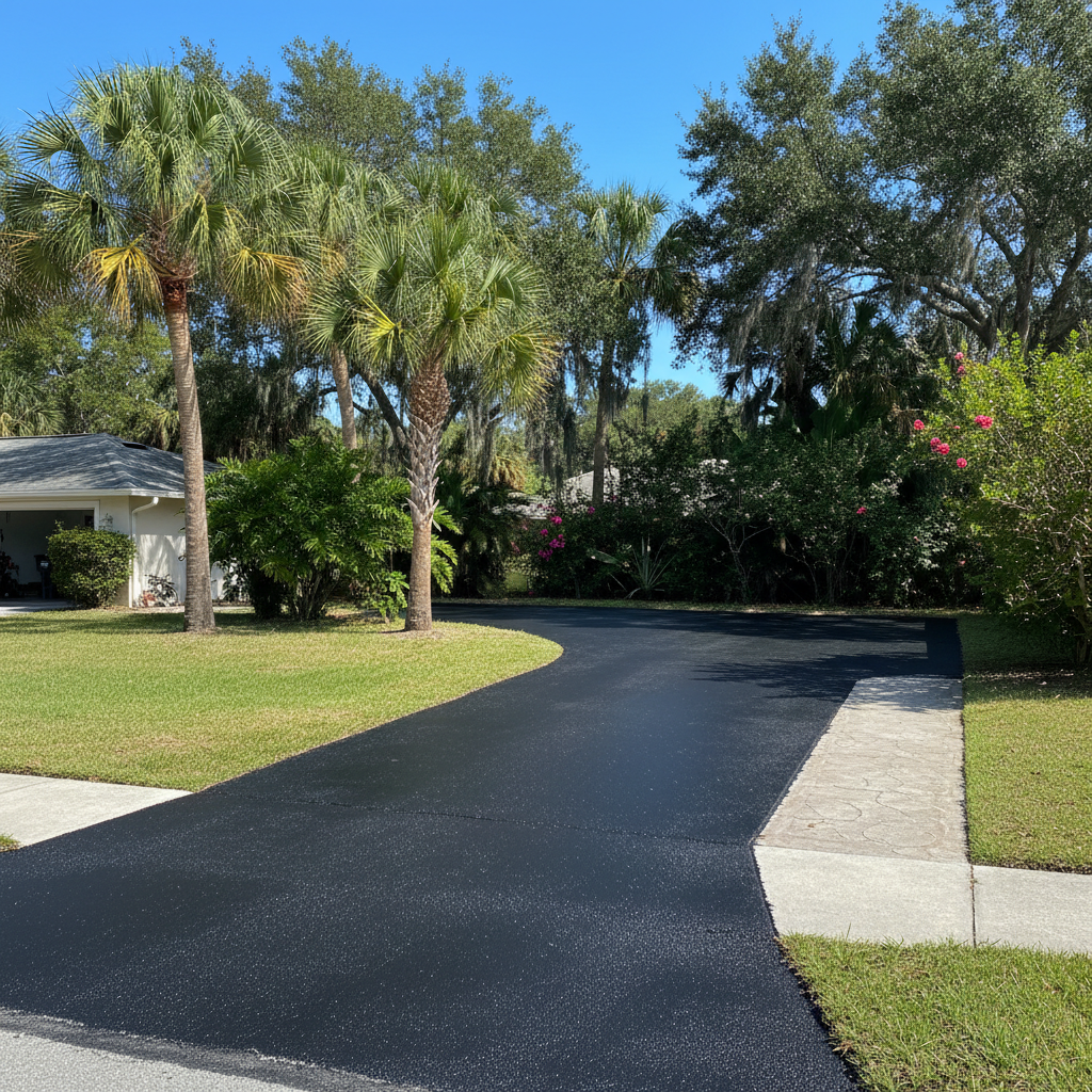 Completed asphalt sealcoating work at a residential property in Daytona Beach, FL