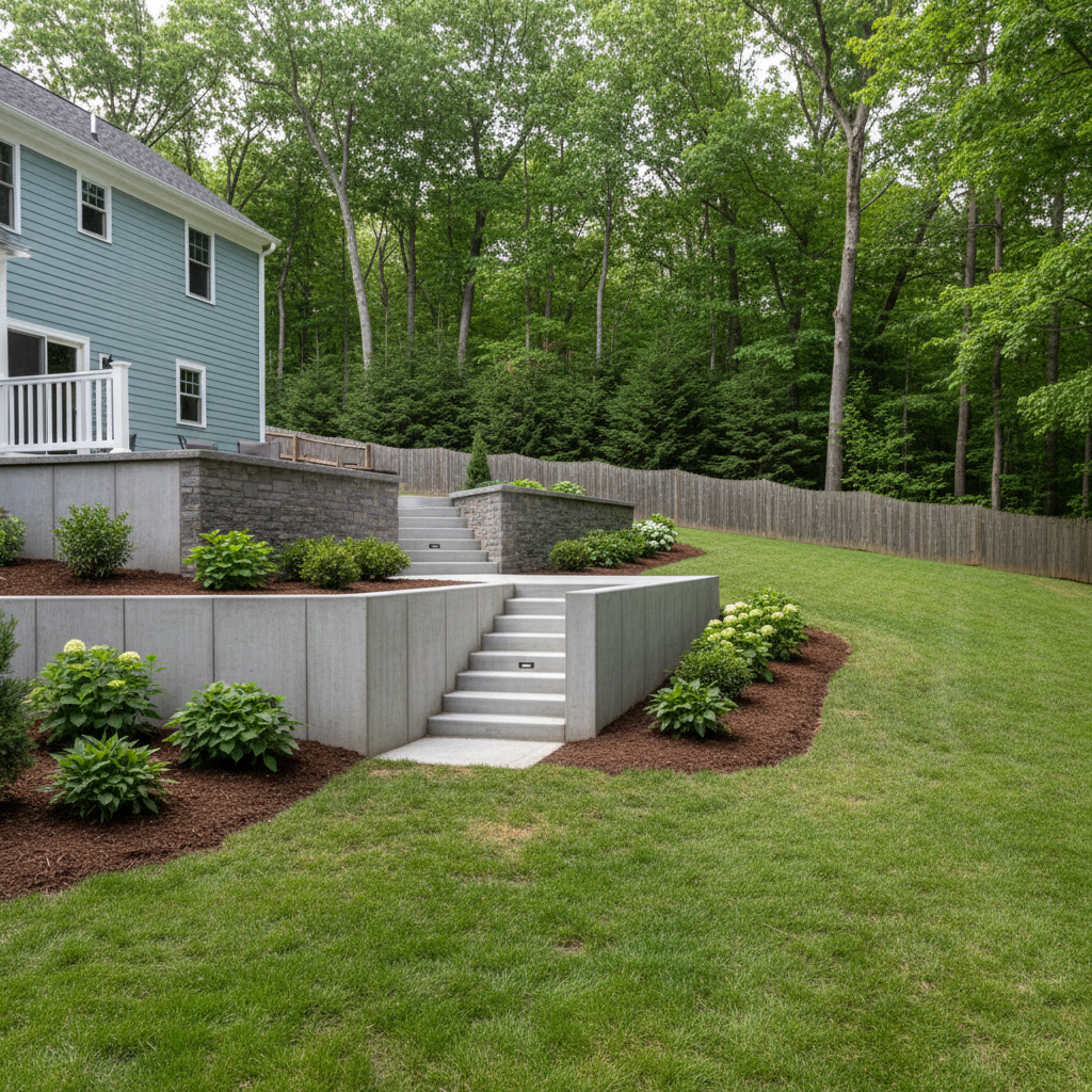 Completed concrete retaining walls work at a residential property in East Haven, CT