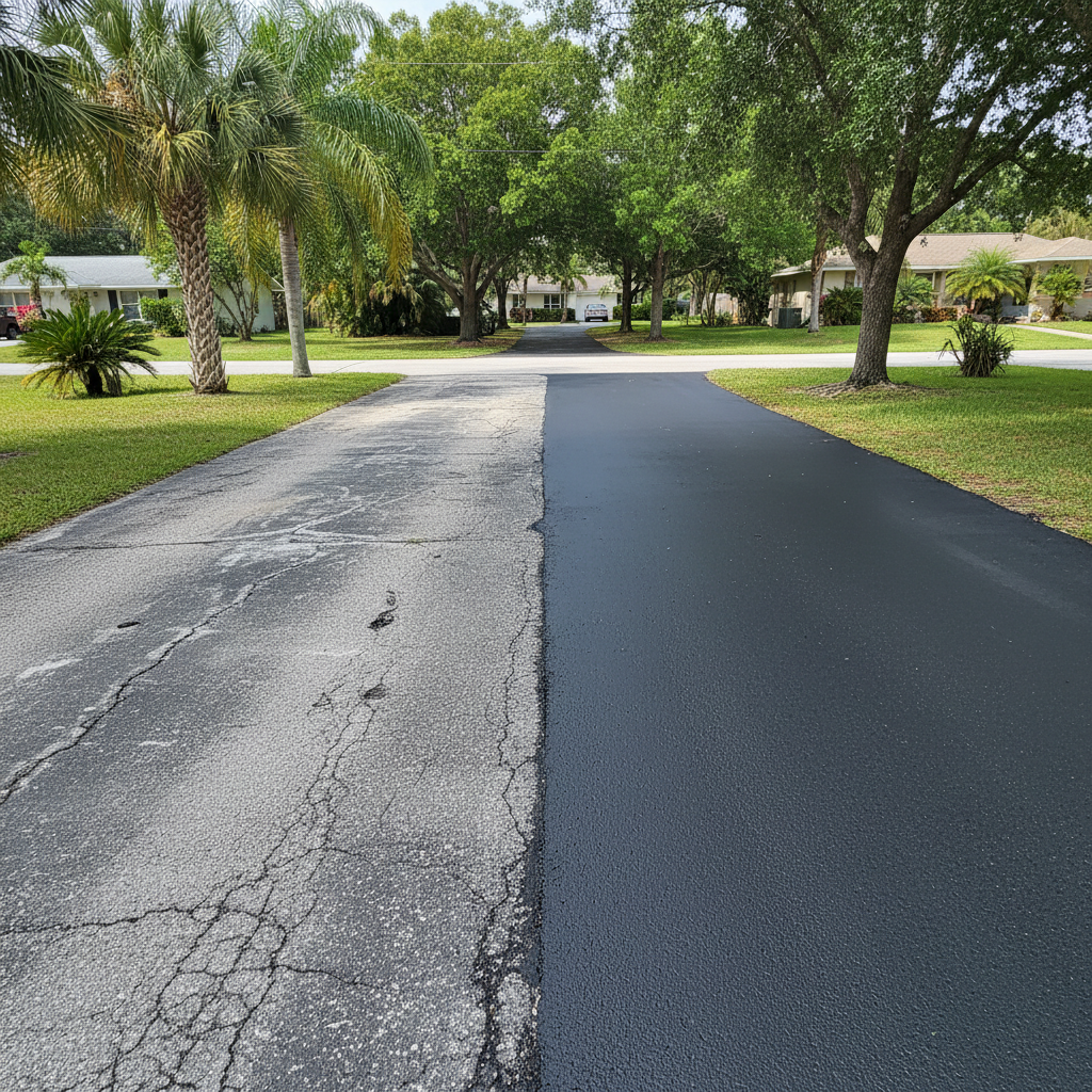 Completed asphalt sealcoating work at a residential property in Daytona Beach, FL