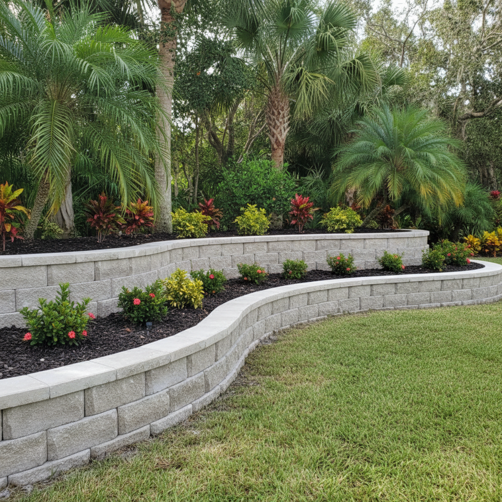 Completed concrete retaining walls work at a residential property in Lehigh Acres, FL